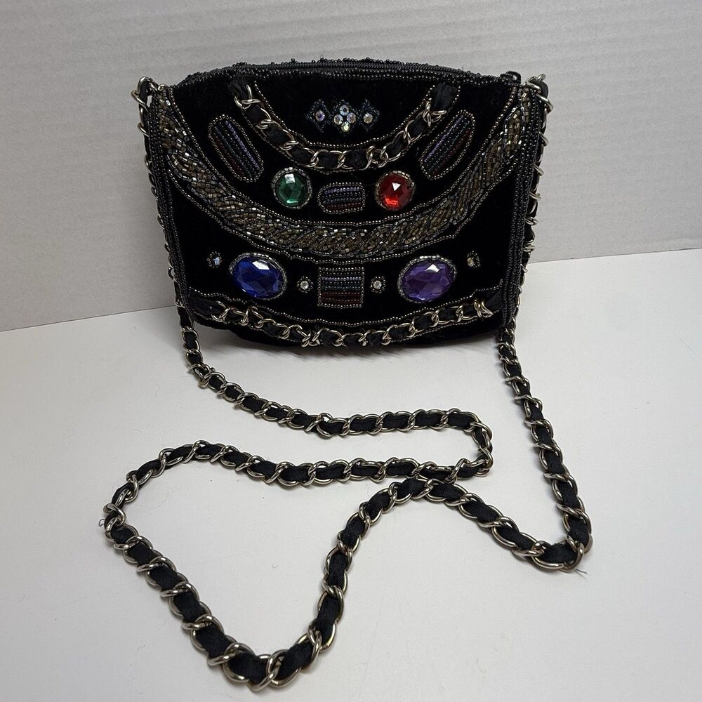 Vintage Magid Black Velvet Beaded Chain Link Shoulder Bag
